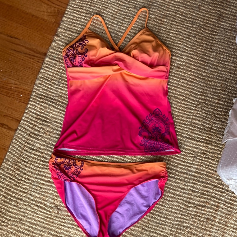 Athleta Tankini 38D/DD Tall   Bottoms XL Orange Pink Ombré